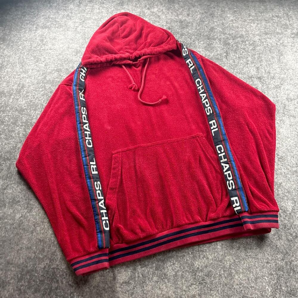 Vintage 90s Chaps Ralph Lauren Men’s L Red Terry Cloth Logo Tape Hoodie